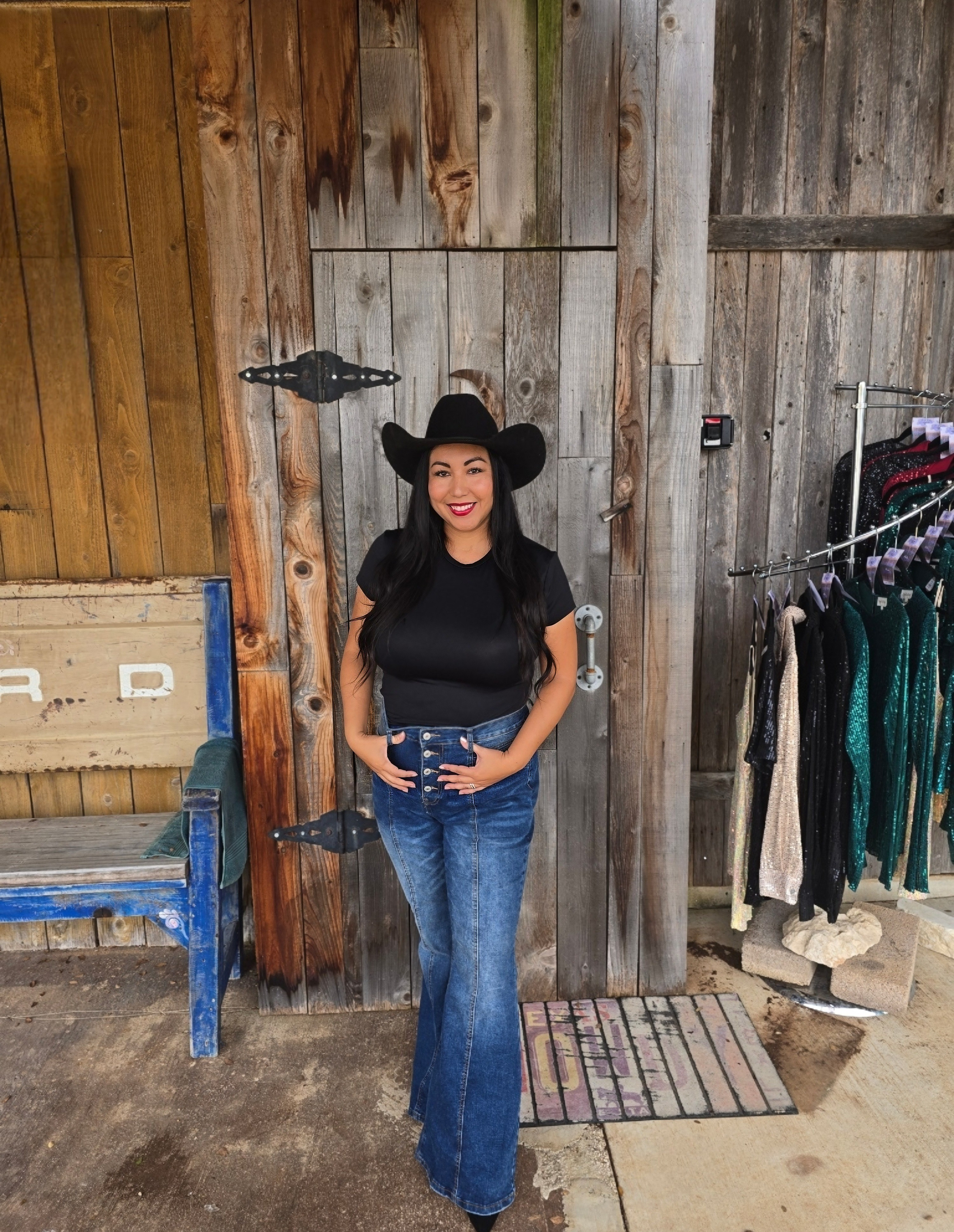 My Texas style. Denim is new. Runs TTS. I'm 5"4 so they are on the longer side and I have to wear heeled boots. Love the fit & quality. 


