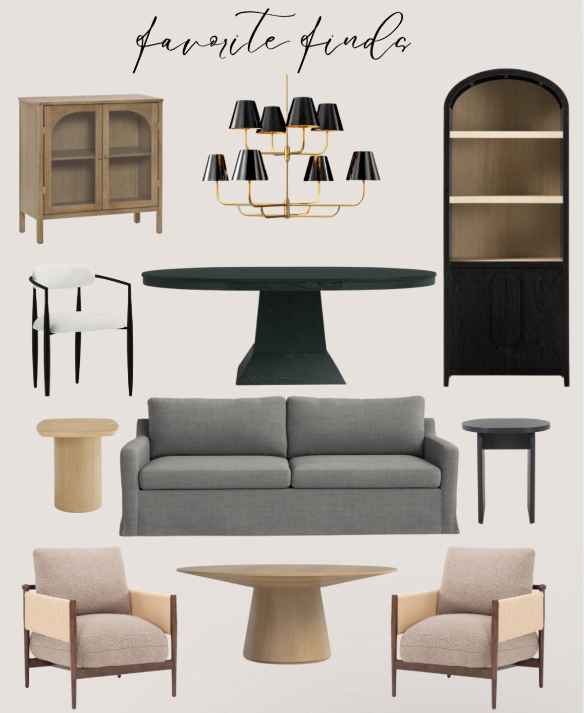 Gray sofa modern. Natural wood coffee table. Orange accent chairs. Black side table. Natural wood side table. White dining chair. Gray wood dining table. Gray wood cabinet. Black cabinet tall 

#LTKHome #LTKSaleAlert