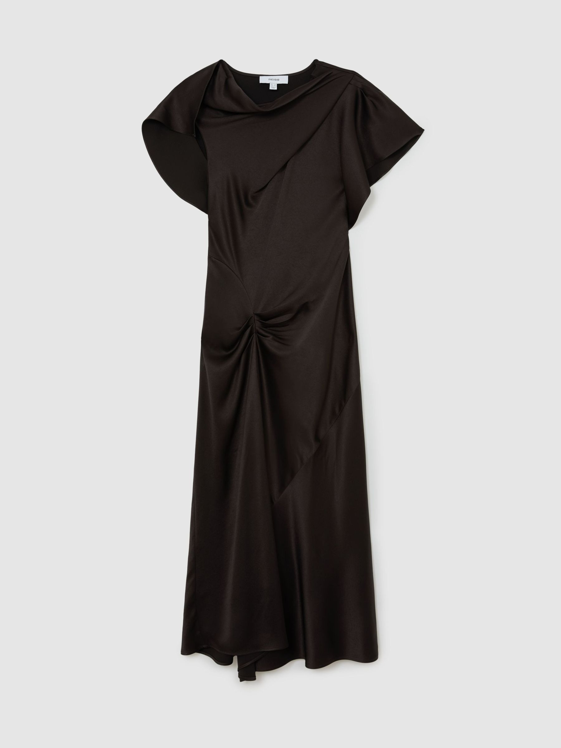 Reiss Satin Drape-Detail Midi Dress in Chocolate Brown | REISS | Reiss US