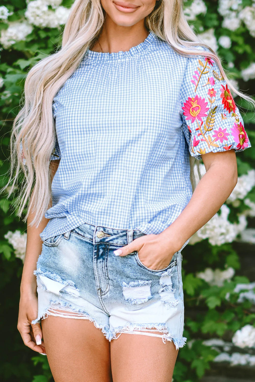 Gingham Floral Embroidered Puff Sleeve Blouse M - 8/10 | Casual Chic Boutique