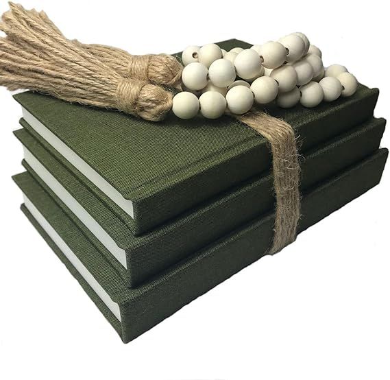 Linen Covered Decorative Books, Set of 3 - Neutral Home Decor Coffee Table Books with Wooden Bead... | Amazon (US)