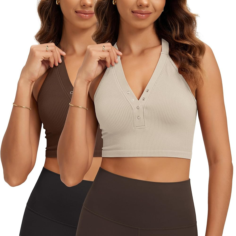 ODODOS 2-Pack Seamless Henley Crop for Women Open Back Ribbed Tank Button-up Cropped Top | Amazon (US)