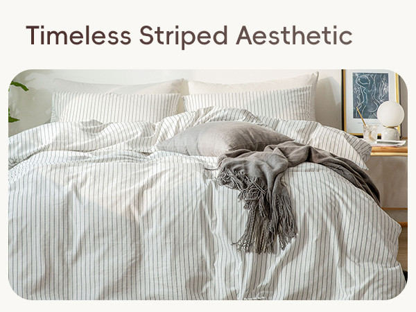 MooMee Striped Duvet Cover Set 100% Washed Cotton Linen Like Textured Breathable Durable Soft Comfy (White Dark Grey Wide Stripes, King 104"x90") | Amazon (US)