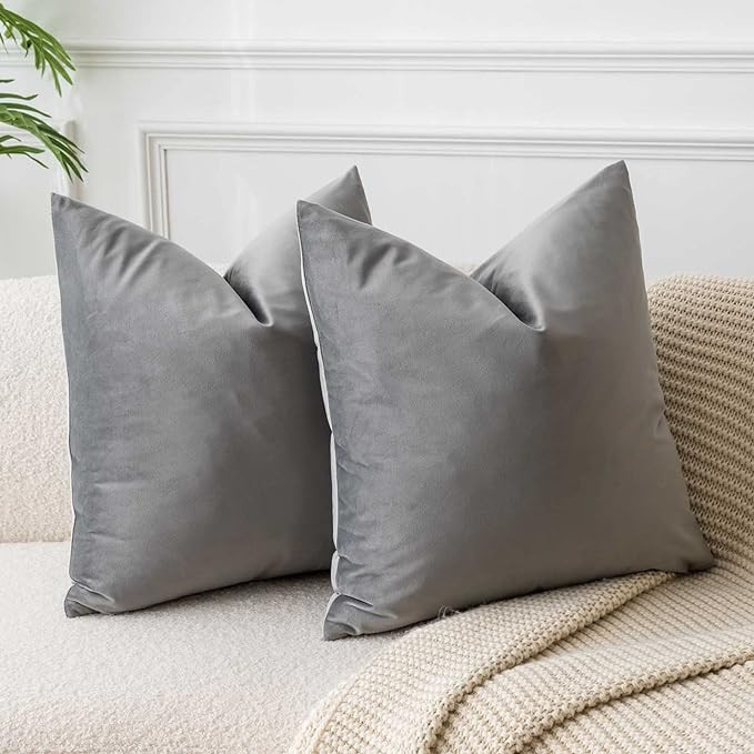 JUSPURBET Grey Velvet Throw Pillow Covers 24x24 inch Set of 2 for Living Room Couch Sofa Bedroom ... | Amazon (US)