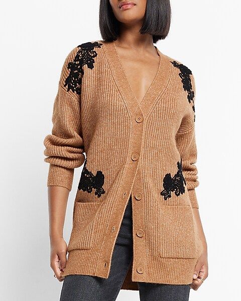 Lace Pieced Button Front Cardigan | Express