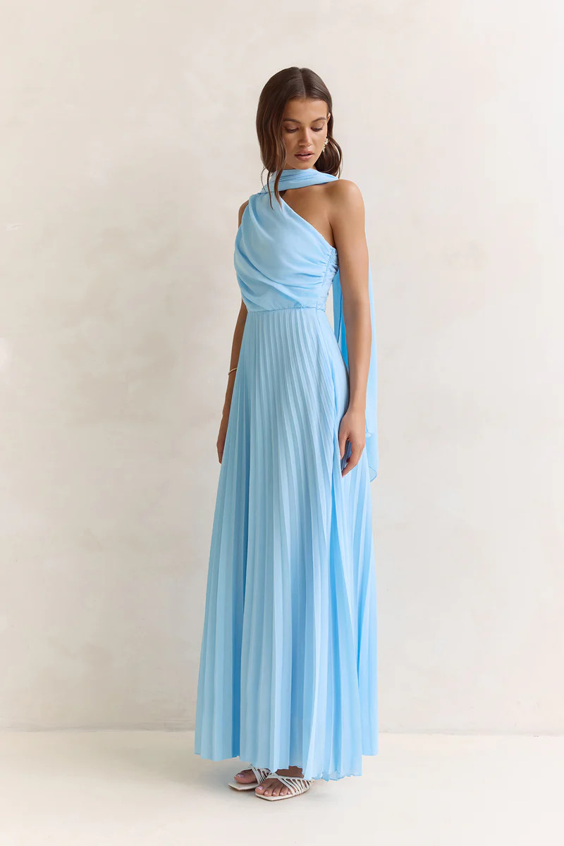 Main Muse Plisse One Shoulder Maxi Dress Blue | Fortunate One