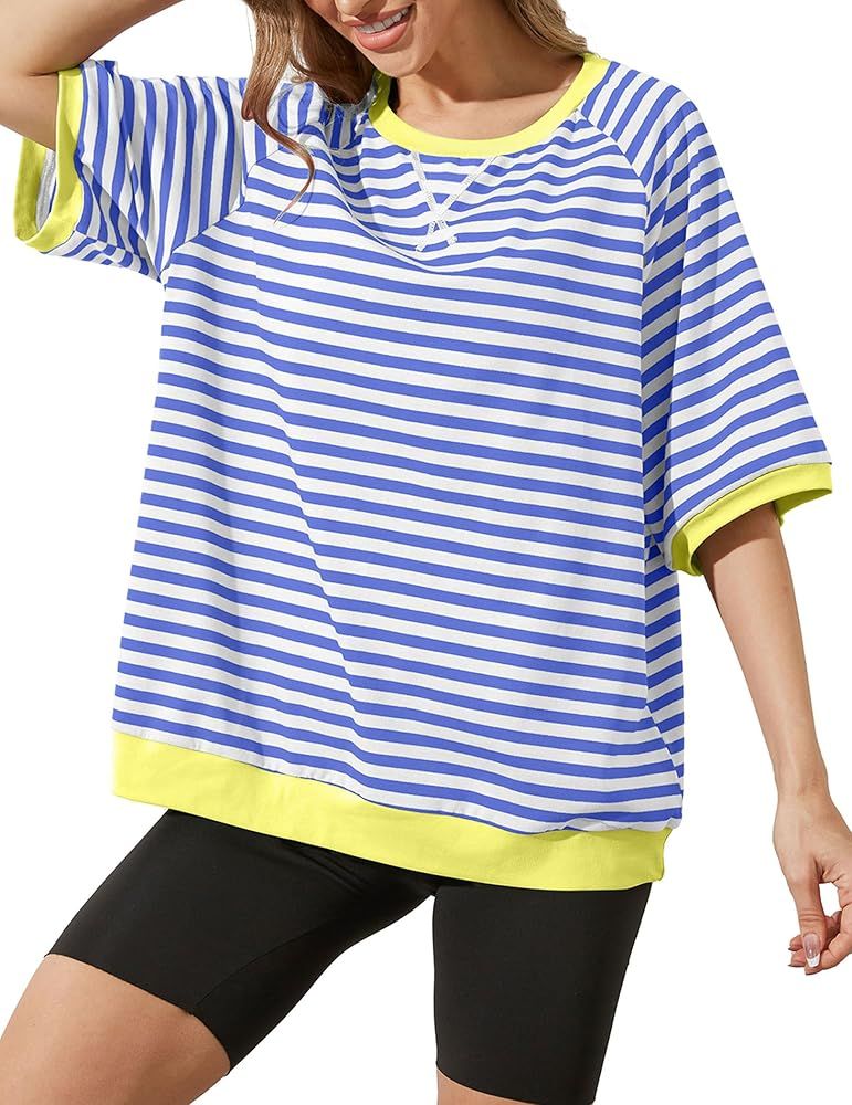 Women Oversized Striped Color Block T-Shirts Crew Neck Basic Short Sleeve Sweatshirt Casual Loose... | Amazon (US)