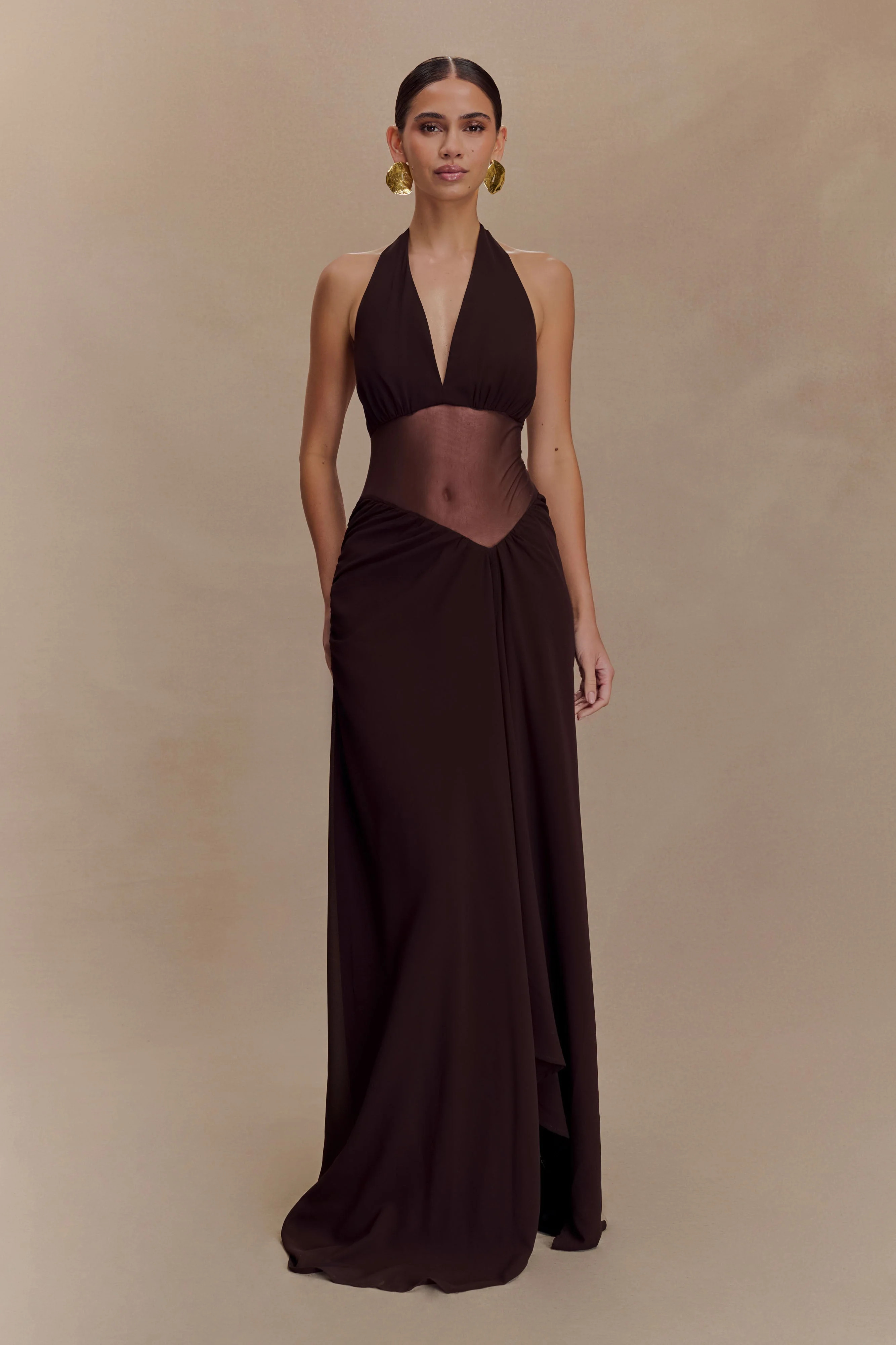 Chiffon And Mesh Maxi Dress - Dark Chocolate | MESHKI US