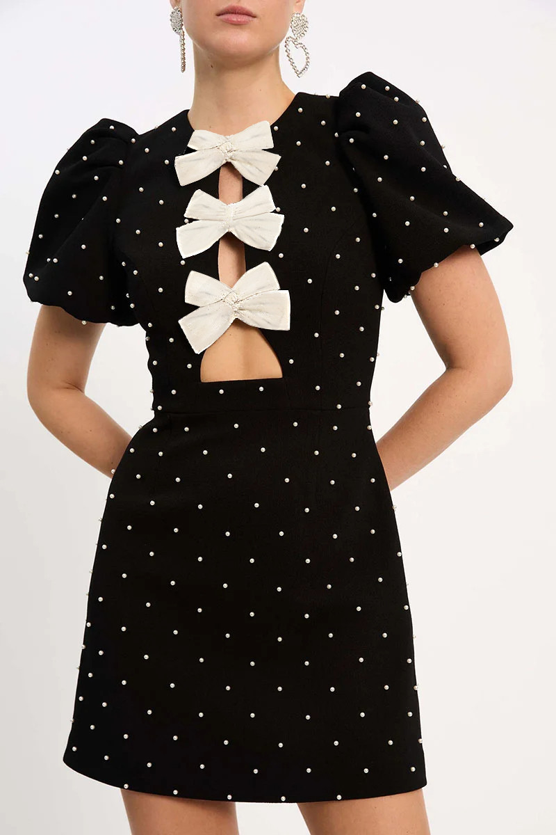 Puffy Sleeve Pearl Bow Cut Out Polka Dot Mini Dresses-Black [Pre Order] | Cherley