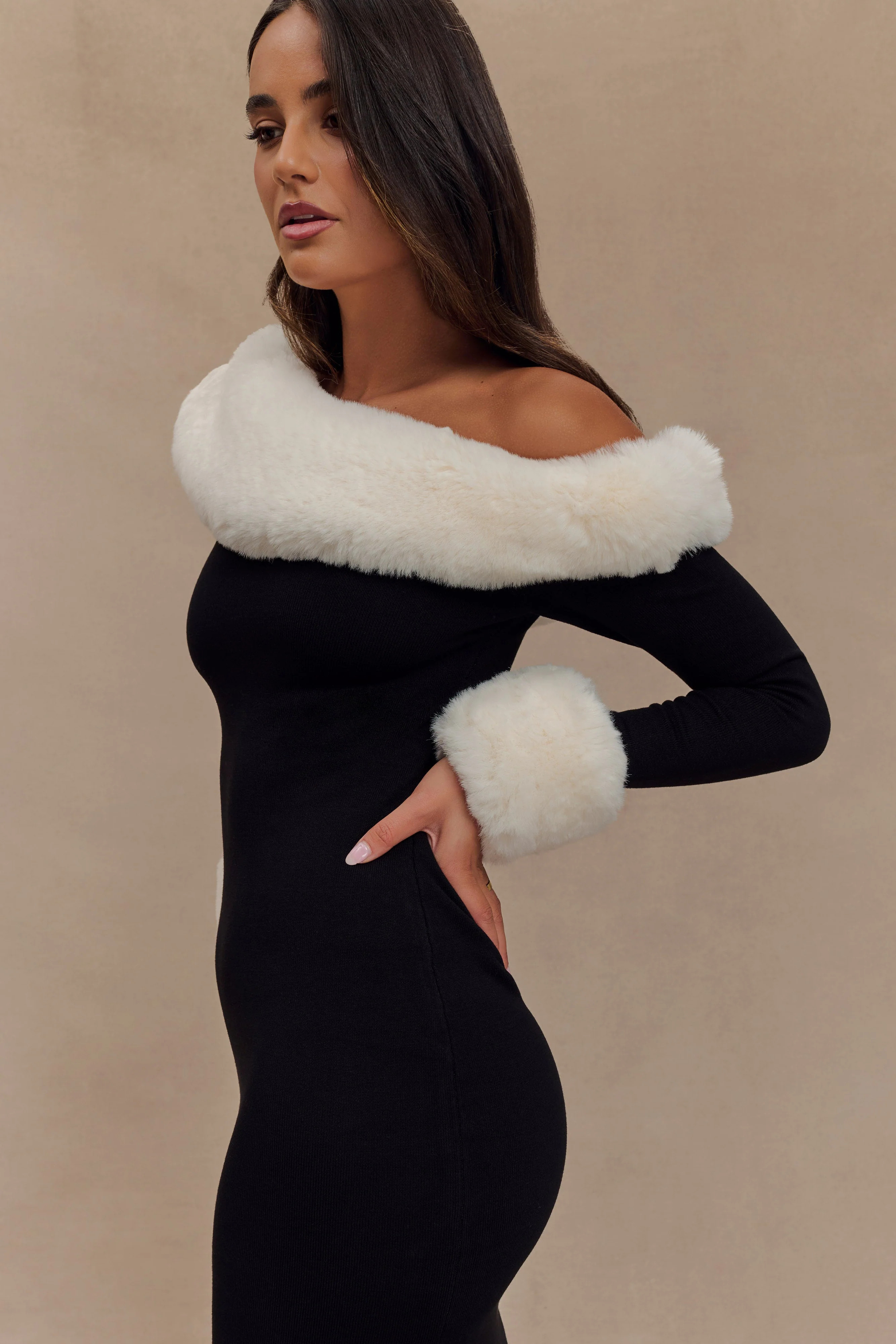 Faux Fur Knit Maxi Dress - Black/White | MESHKI US