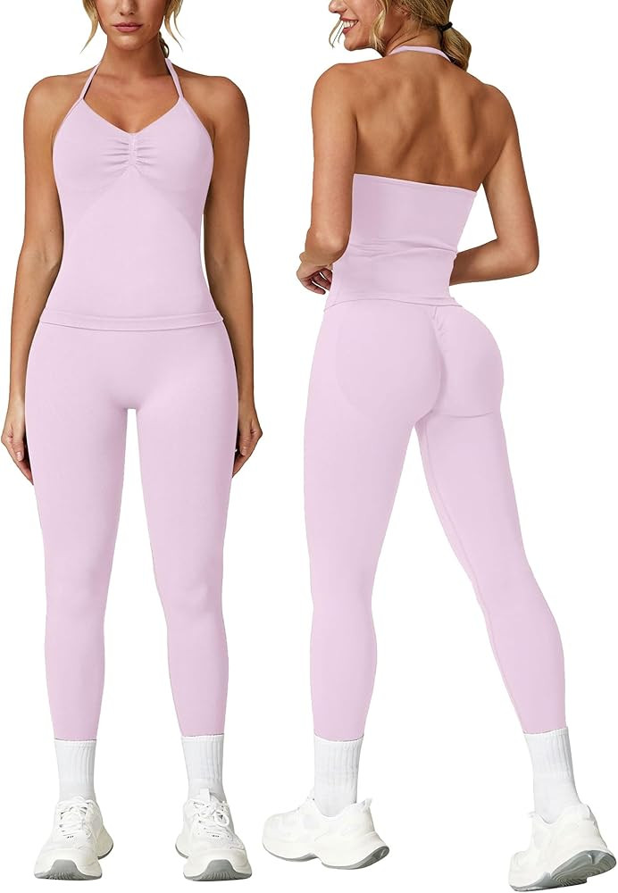 ABOCIW Workout Sets for Women Seamless Scunch Butt Lifting Impact Leggings Longline Strappy Top 2... | Amazon (US)