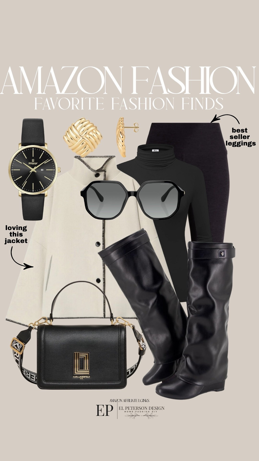 Amazon
Legging
Turtle neck
Watch
Earrings
Purse
Sunglasses 
Knee high boots