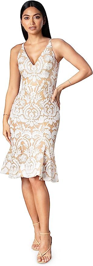 Dress the Population Women's Isabelle V-Neck Neckline, Bodycon Silhouette with a Ruffled Hem Midi... | Amazon (US)