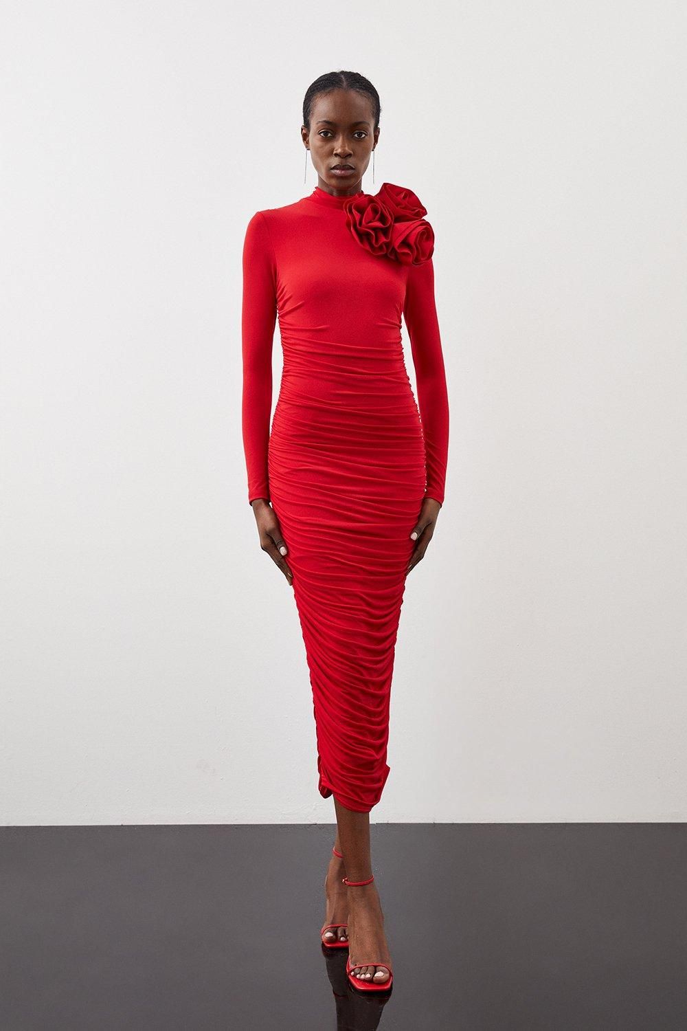 Long Sleeve Draped Ruched Jersey Rosette Midi Dress | Karen Millen US
