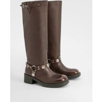 Womens Western Style Buckle Detail Knee High Boots - Brown - 5 | boohoo (US & Canada)