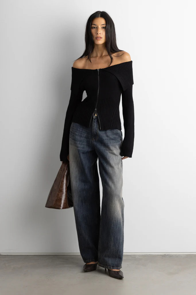 TWO-WAY ZIP FRONT OFF SHOULDER SWEATER | OAK + FORT