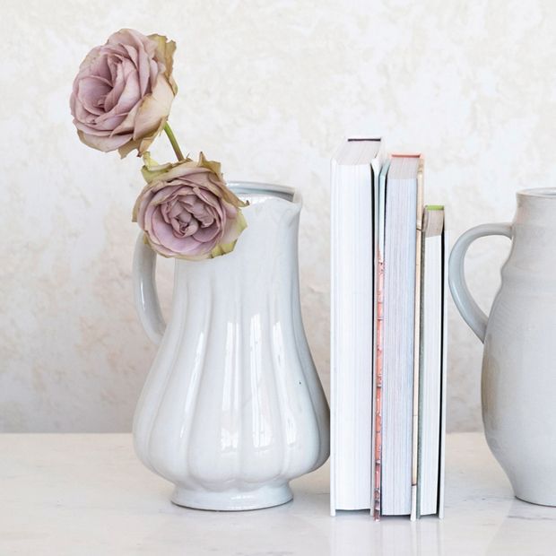 Reactive Glaze White Stoneware Fluted Pitcher | Antique Farm House