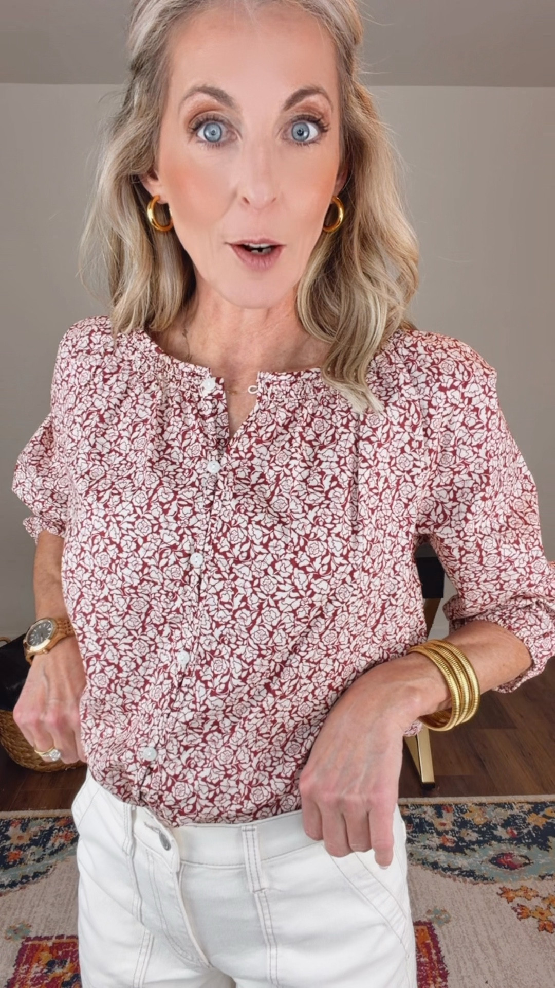 Freshen up your wardrobe by adding this cute button front top to your rotation. this is soft blouse features a front button closure and 3/4 quarter sleeves.  Looks great, paired with jeans, shorts, skirts,  so versatile!! Wearing size small  

#LTKNYFW #LTKmomlife #LTKootd