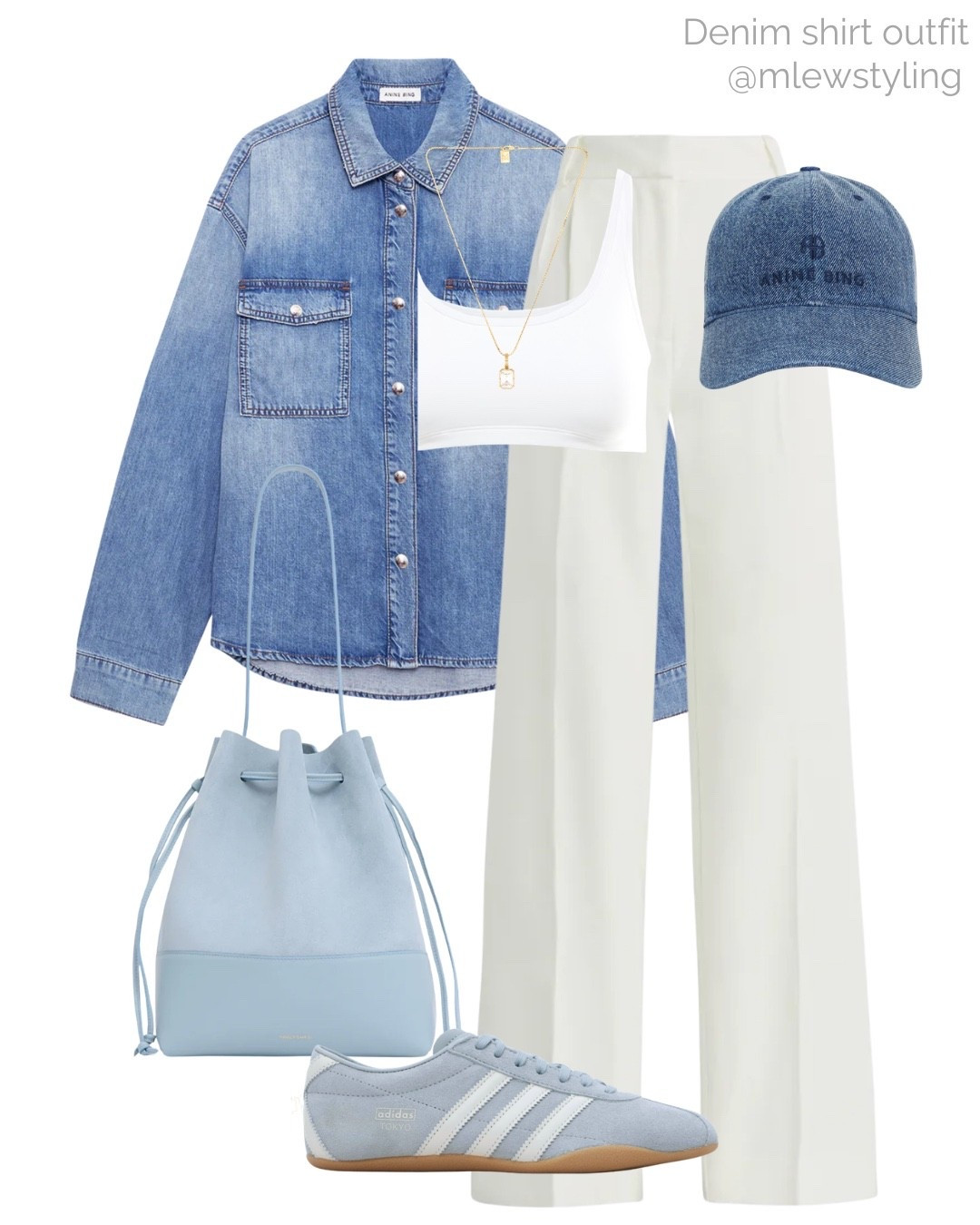 Denim shirt outfit for spring 🦋

Tags: favourite daughter tailored trousers, white pants, spring outfit, anine bing chambray baseball cap, ice blue adidas sneakers, baby blue suede bag, neutral aesthetic

#LTKootd #LTKSeasonal #LTKgrwm