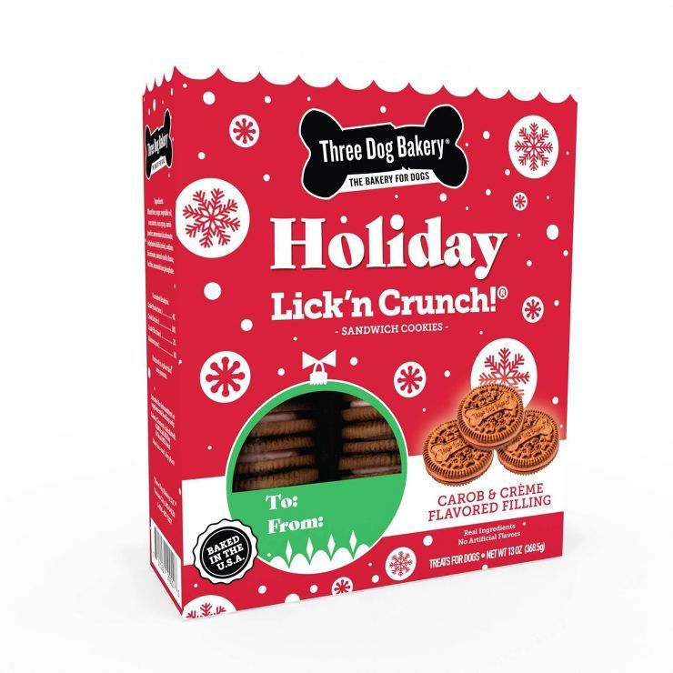 Three Dog Bakery Holiday Carob with Red Creme Lick'n Crunch Cookie Dog Treats - 13oz | Target