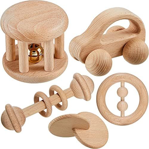 5 Pieces Wooden Baby Teether Toys Wood Rattles with Bells Wooden Montessori Toy for Baby Montesso... | Amazon (US)