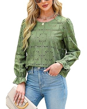 CUPSHE Women Eyelet Long Sleeve Tops Shirts Dressy Hollow Out Crochet Lace Embroidered Blouses | Amazon (US)