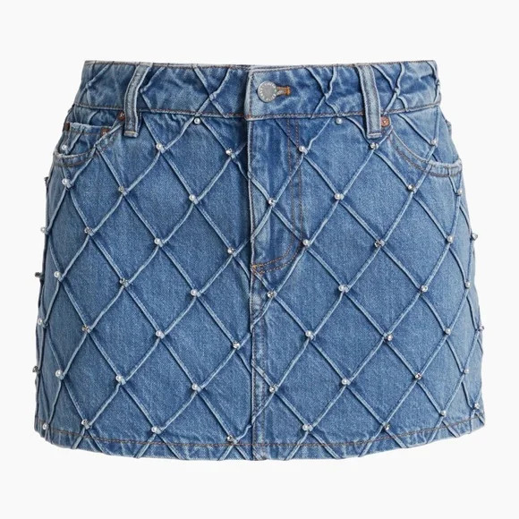 Alice + Olivia Joss Faux-Pearl Quilted Denim Miniskirt Size 30 | Poshmark