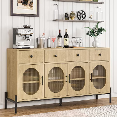 62 inches Buffet Cabinet with Storage  Large Sideboard Cabinet  Coffee Bar Cabinets with 3 Drawers and 4 Fluted Glass Doors for Home/Kitchen/Dining | Target