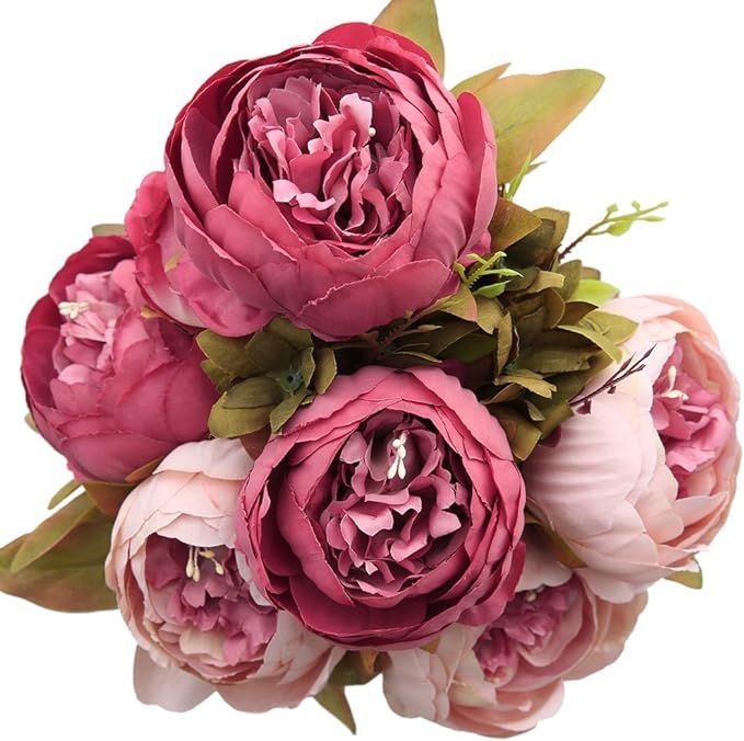 Luyue Vintage Artificial Peony Silk Flowers Bouquet Home Wedding Decoration,Dark Pink | Amazon (US)