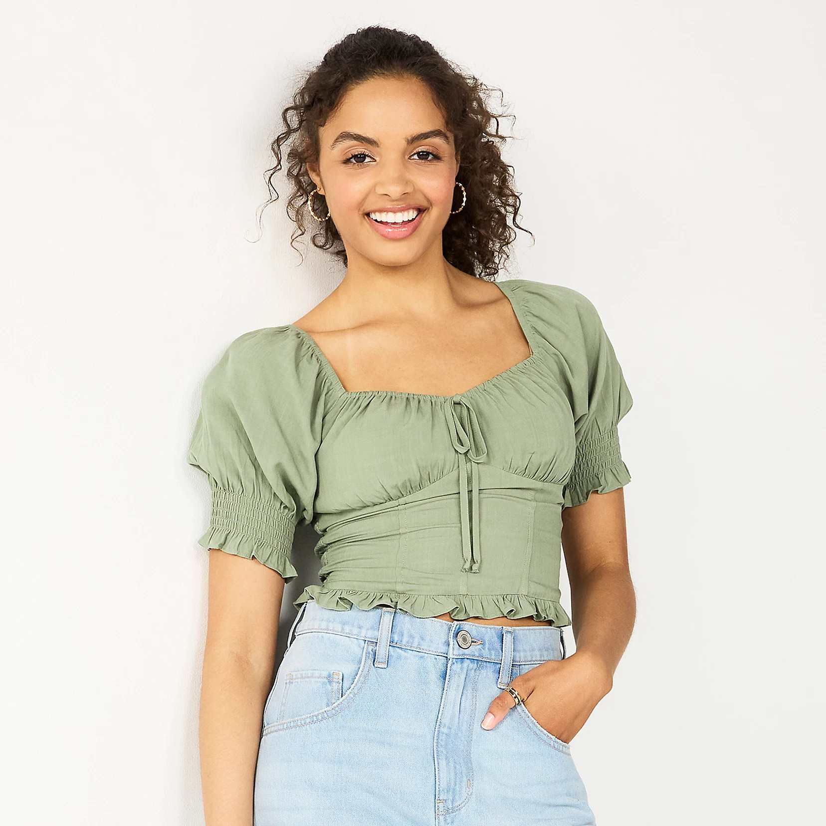 Juniors' SO® Cropped Tie-Front Puff Top | Kohls | Kohl's