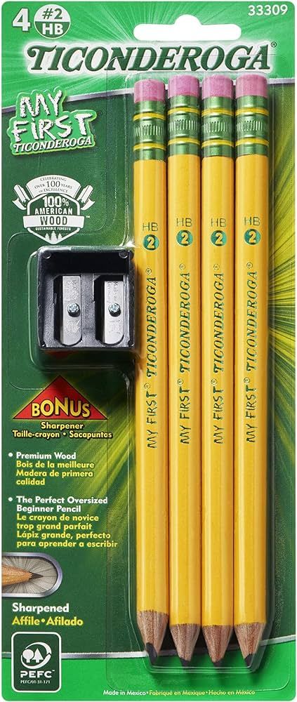 Ticonderoga My First Wood-Cased Pencils, Pre-Sharpened, 2 HB, With Sharpener, Yellow, 4 Count | Amazon (US)