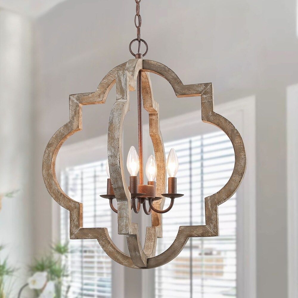 4-lights Chic Wood Pendant Lighting Farmhouse Chandelier with Latern - W21.7" x H24.2" (W21.7" x H24 | Bed Bath & Beyond