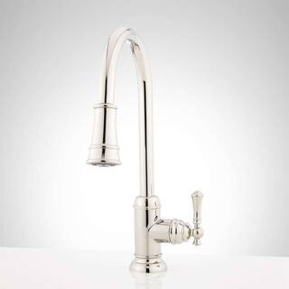 SIGNATURE HARDWARE Single Handle Amberley Pull Down Sprayer Kitchen Faucet in Polished Nickel 448... | The Home Depot