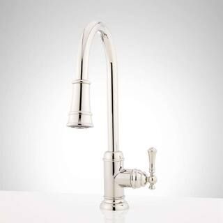 SIGNATURE HARDWARE Single Handle Amberley Pull Down Sprayer Kitchen Faucet in Polished Nickel 448... | The Home Depot