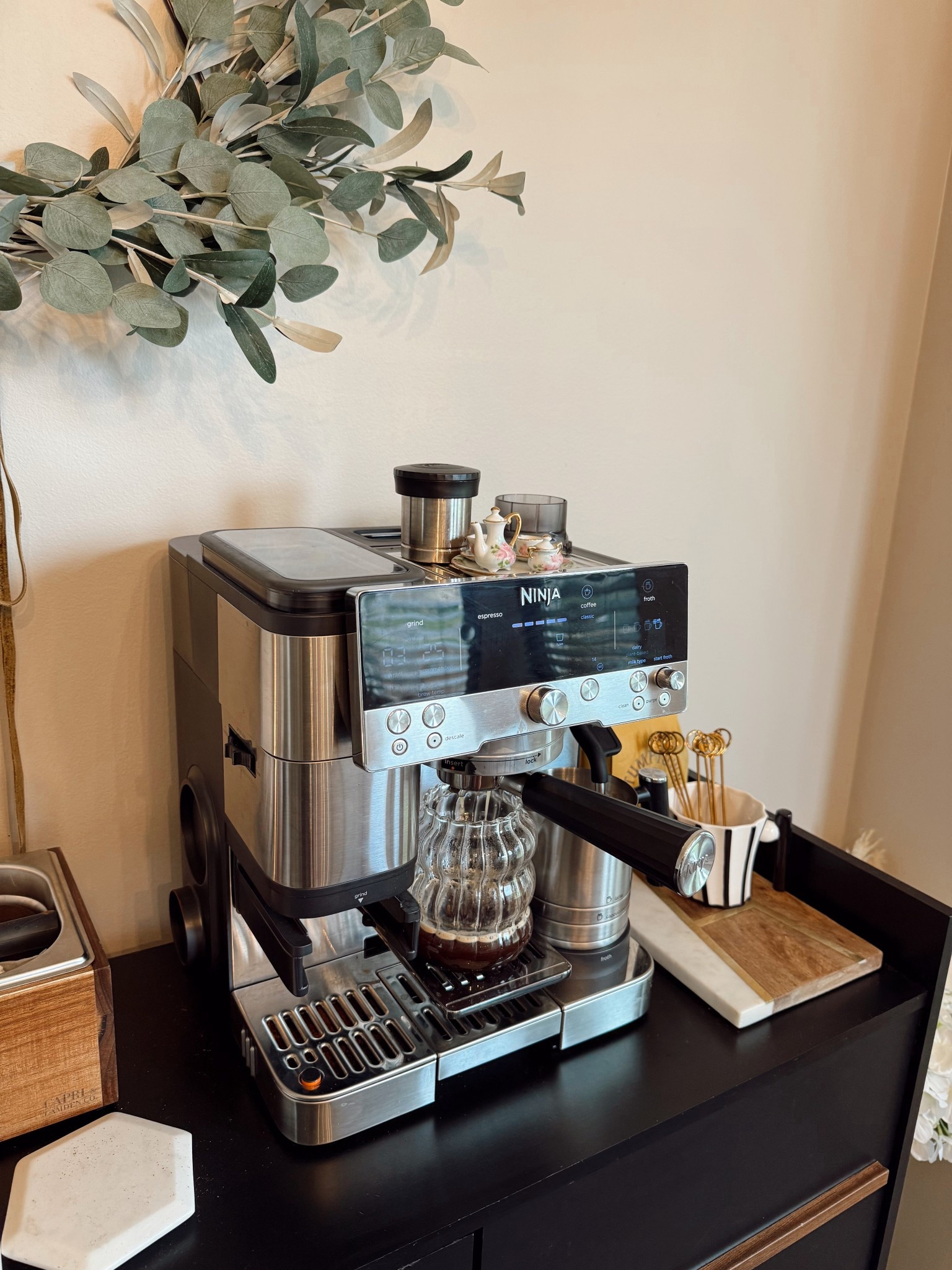 a little corner of caffeine happiness.
i love my coffee station using the famous ninja luxe cafe machine.
a very loved machine that i don't ever want to live without lol 

 #ninjacoffee #homebarista #kitchenstyling #diningcoffeebar 

#LTKHome #LTKSeasonal #LTKFamily