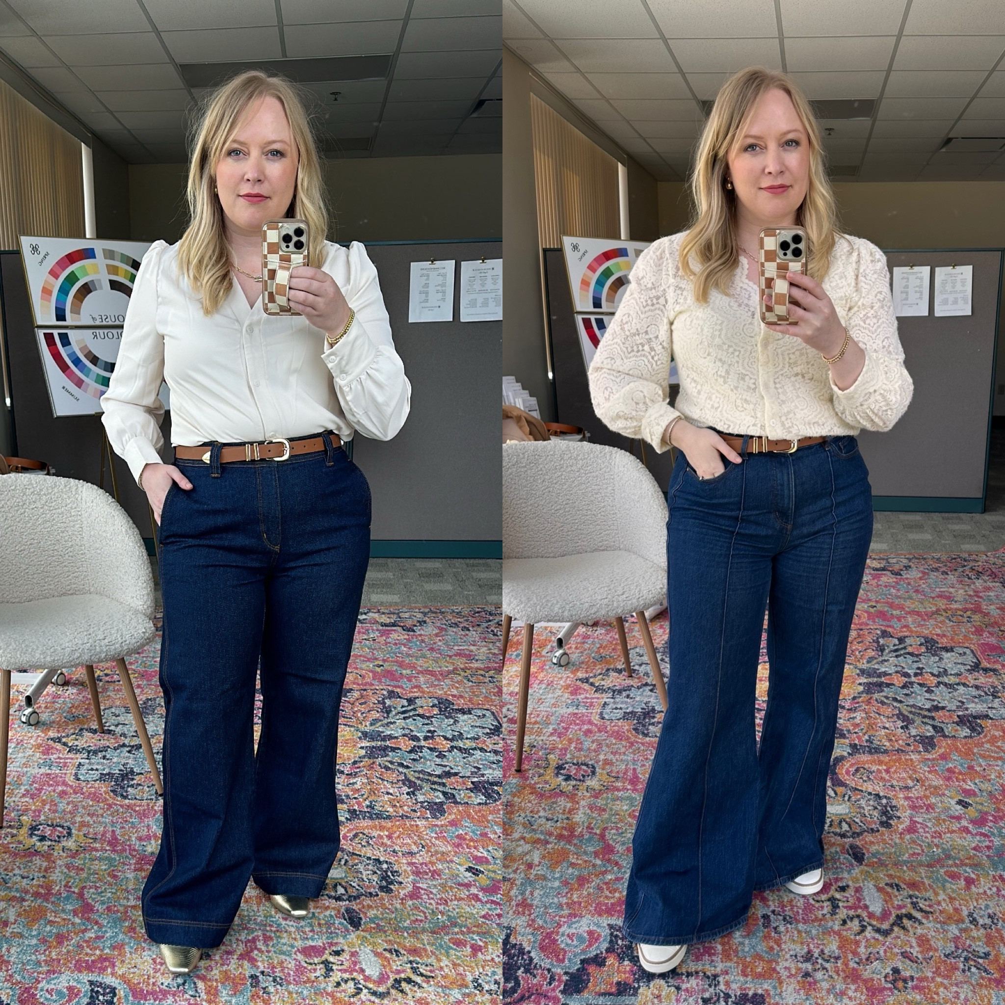 I have found some of the best denim this fall. Great for #hocspring and #hocautumn. The top on the left is perfect Oyster and the right top is perfect Cream. Wearing regular length in both jeans. The ones on the right are the flare style. 