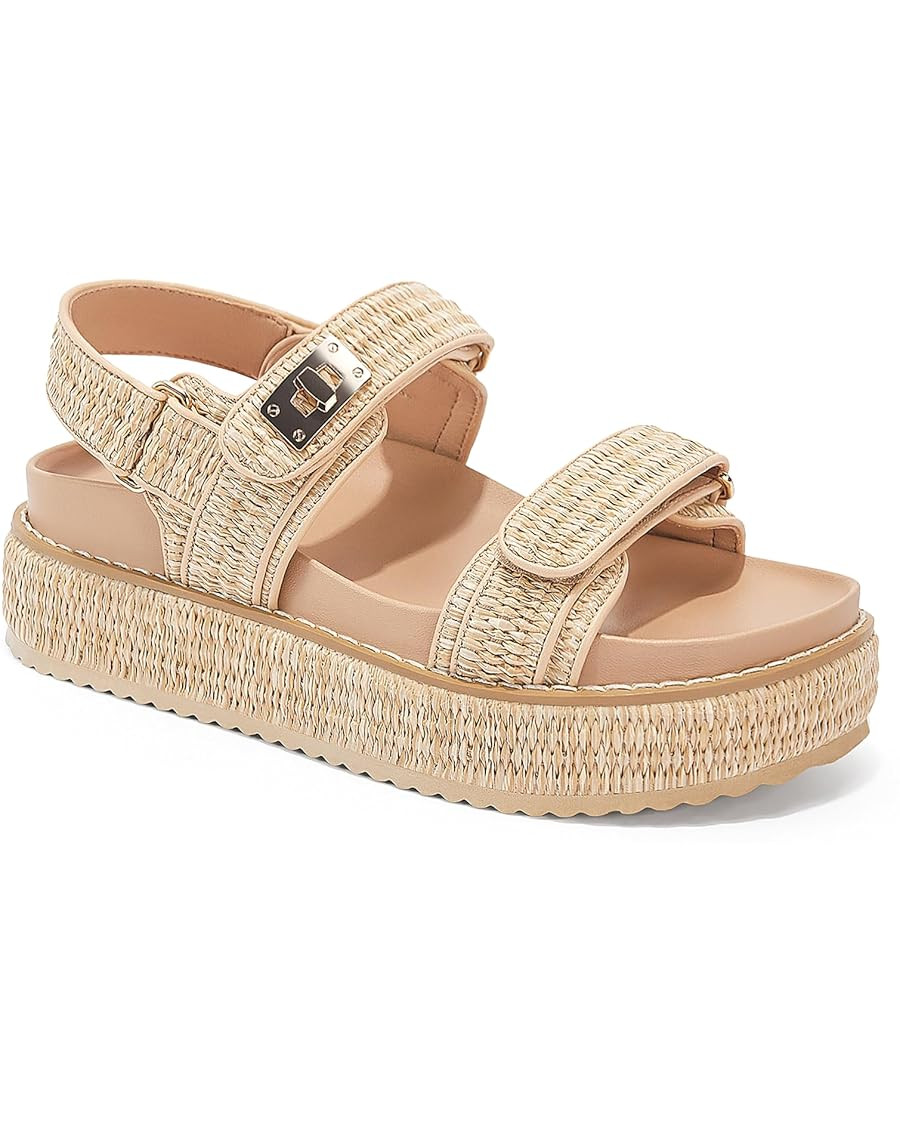 Coutgo Womens Platform Sandals Comfortable Flat Sandals Double Strap Footbed Summer Beach Sandals | Amazon (US)