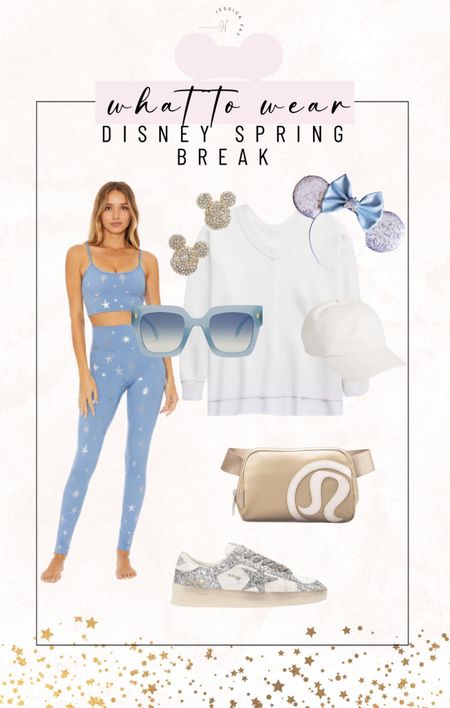 Disney theme spring break
Accessories
Lululemon belt bag
Beach riot leggings and sports bra
Aerie oversized sweatshirt
Golden goose