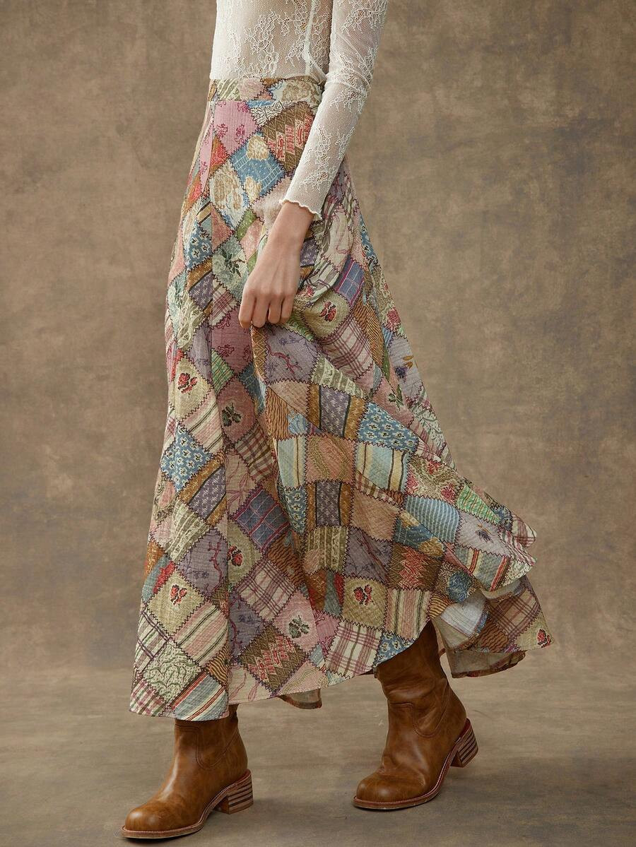 WESTFADE High Waist Patchwork Print Godet Maxi Skirt Fall, Autumn, Winter, Casual Cute Boho | SHEIN