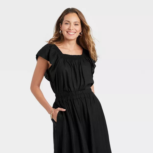 Women's Ruffle Short Sleeve Smocked Top - A New Day™ Black | Target