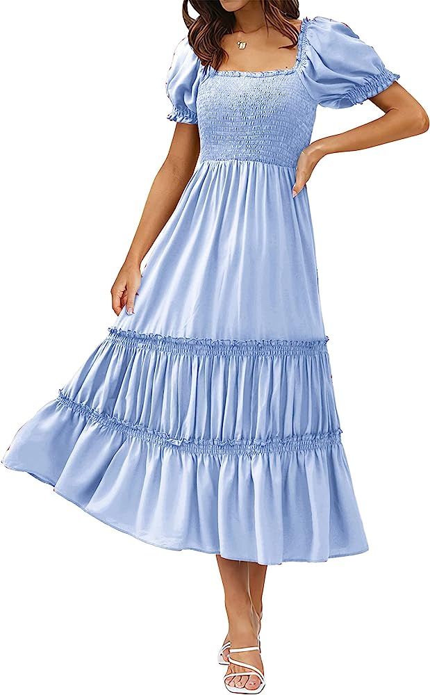 KIRUNDO 2023 Spring Summer Womens Square Neck Smocked Short Puff Sleeve Tiered Midi Dress Solid C... | Amazon (US)