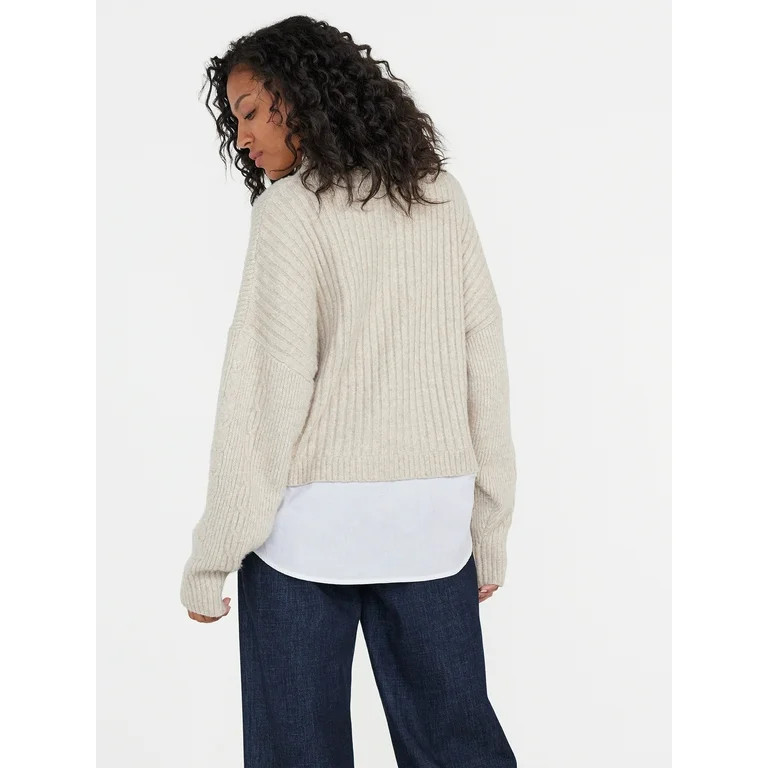 Time and Tru Women's Cable Knit Poplin Layer-Look Sweater, Sizes XS-XXXL | Walmart (US)