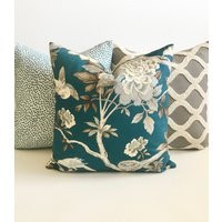 Teal Green & Gray Bird Floral Decorative Pillow Cover | Etsy (US)