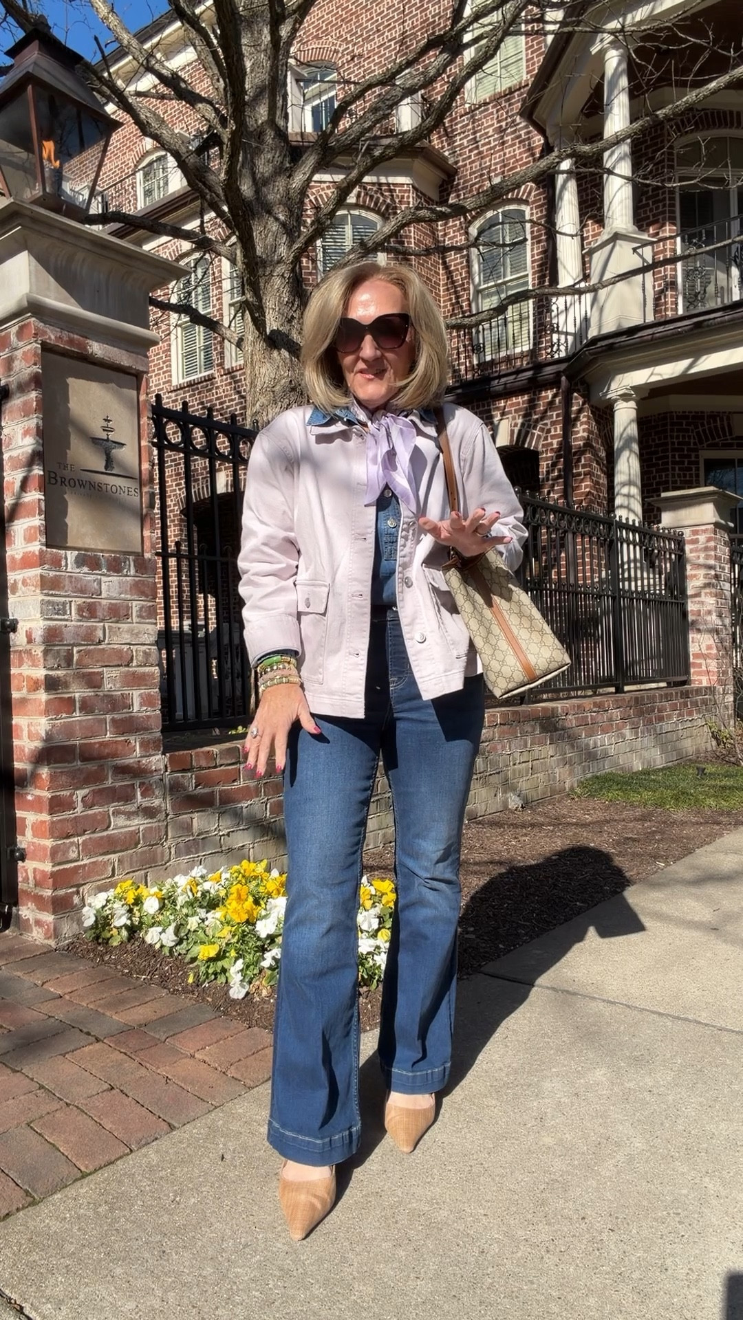 Today’s outfit and it was glorious. 
Spanx flares on sale 30% off it’s like wearing confidence! Pull on jeans. Some compression. Takes a shimmy to pull on  
Denim popover size medium petite 
Lilac jacket size medium petite
I size up 1/2 in the slingbacks 
Allie & Bess 20% off code NANETTE20

#LTKOver40 #LTKPetite #LTKSaleAlert