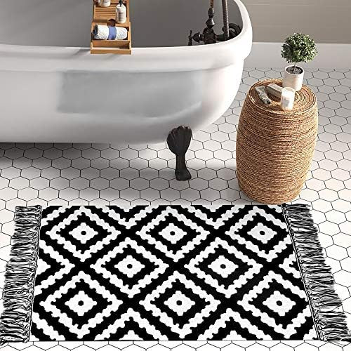 Upgraded Boho Bathroom Rug 2'x3', 100% Woven Boho Rug for Bedroom Black and White Diamond Rug Bat... | Amazon (US)