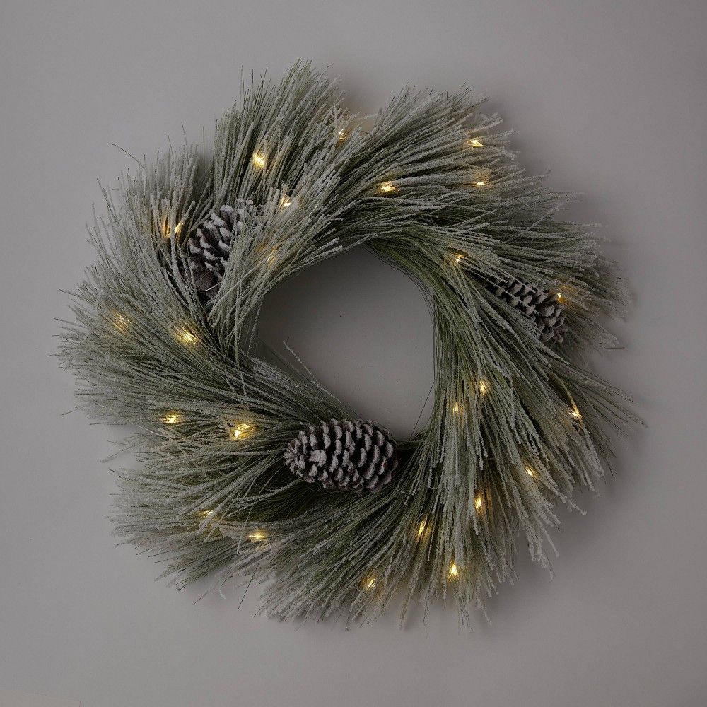 22"" Pre-lit Battery Operated LED Flocked Long Needle Artificial Christmas Wreath Warm White Lights  | Target