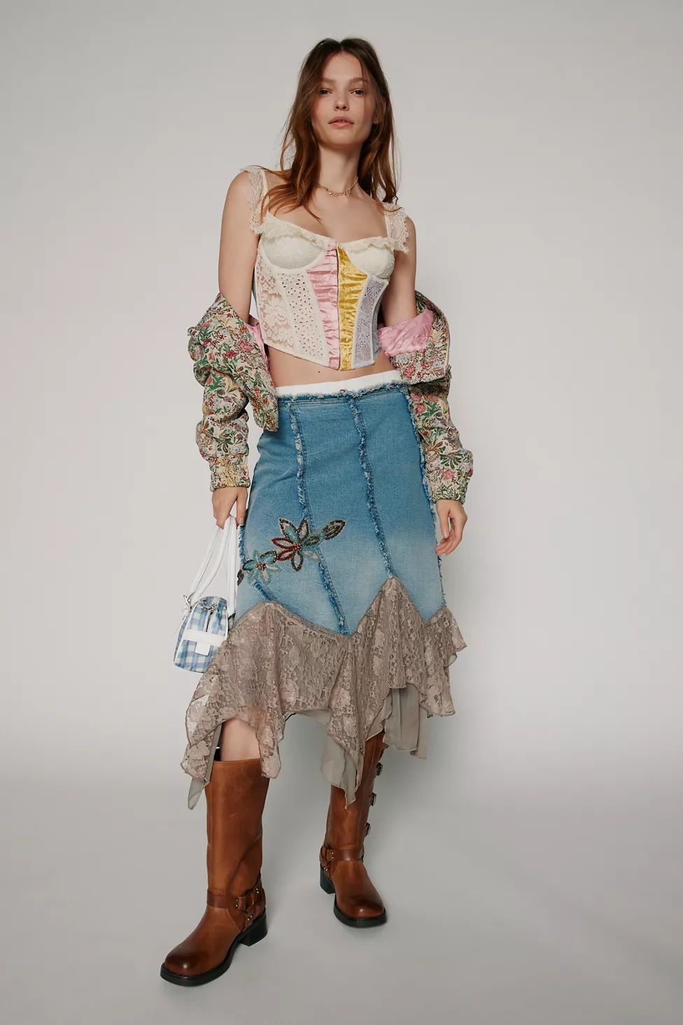 Kimchi Blue Talia Denim & Lace Midi Skirt | Urban Outfitters (US and RoW)