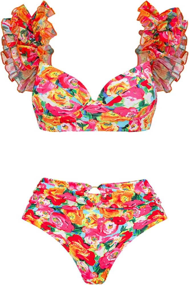 FLAXMAKER Double Layer Ruffled Shoulder Straps Flower Print Bikini Swimsuit and Sarong | Amazon (US)