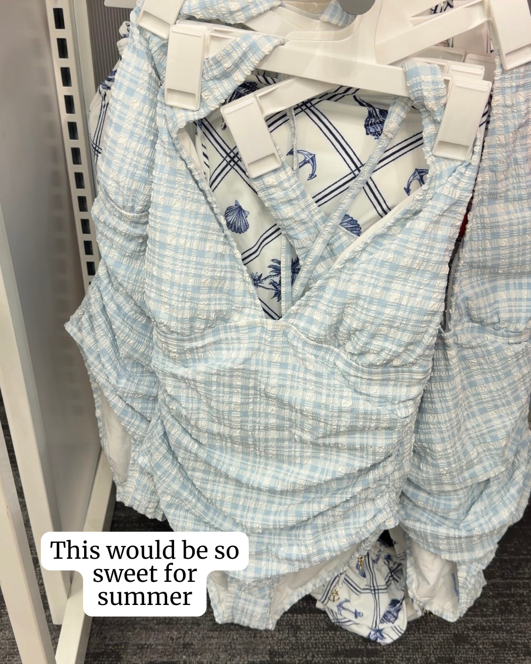 This light blue gingham one-piece is giving classic coastal summer in the best way 🤍 The plunging neckline is so flattering without feeling over the top, and the pucker texture makes it look way more elevated than your typical basic swimsuit. I love that it’s full coverage while still feeling feminine and chic — perfect for pool days, beach trips, or even styled with linen pants as a bodysuit. Such a sweet summer find at Target and such a good price for the quality. Linked here. 

 #LTKootd #LTKmomlife #LTKTravel