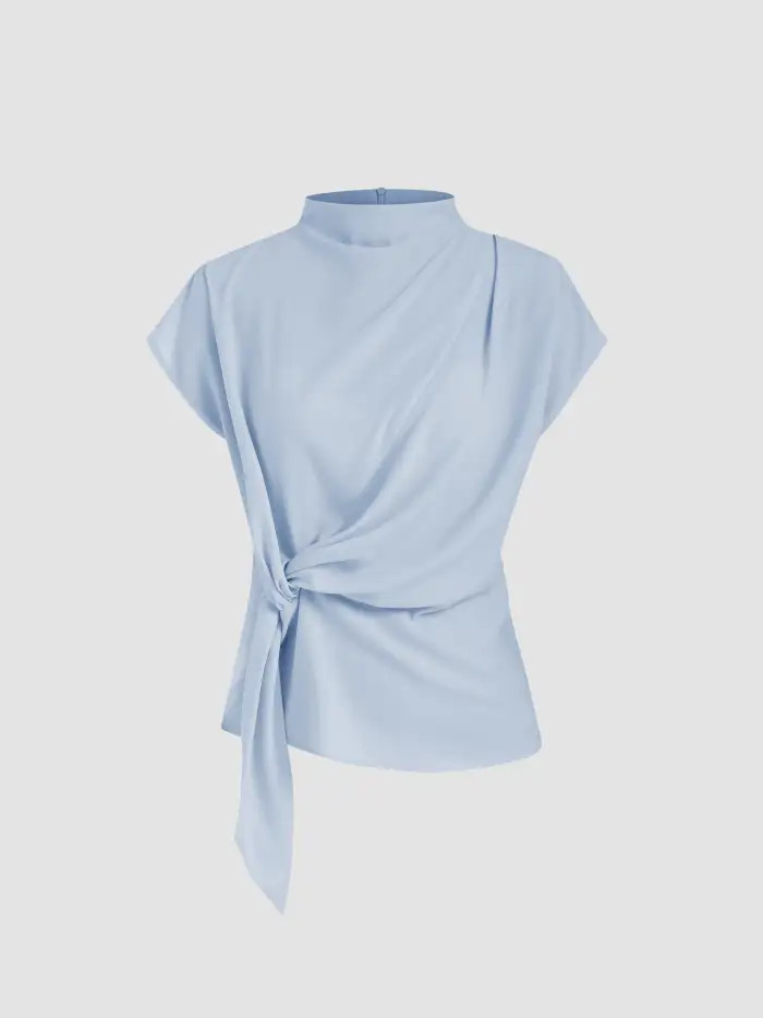 Stand Collar Knotted Ruched Solid Short Sleeve Blouse | Cider